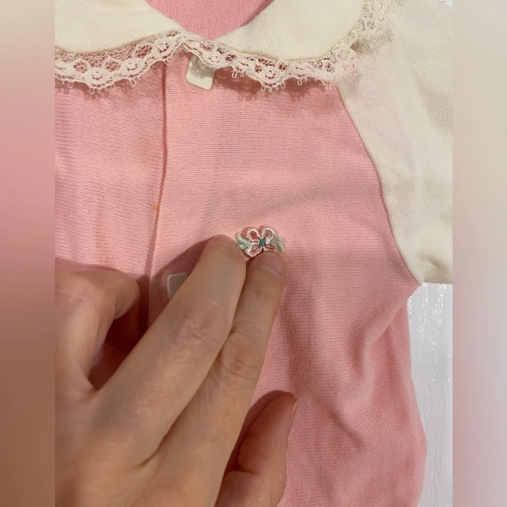 70s Lace Collar Footed Onesie Vintage Pink Cream Newborn